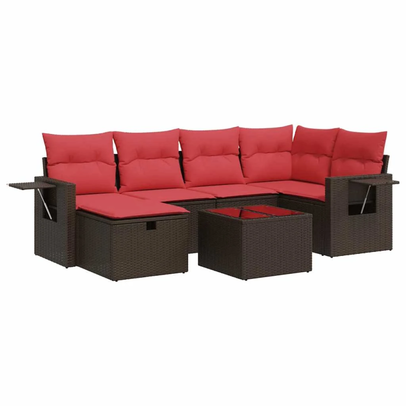 vidaXL 7-daļīgs dārza dīvānu komplekts, matrači, brūna PE rotangpalma