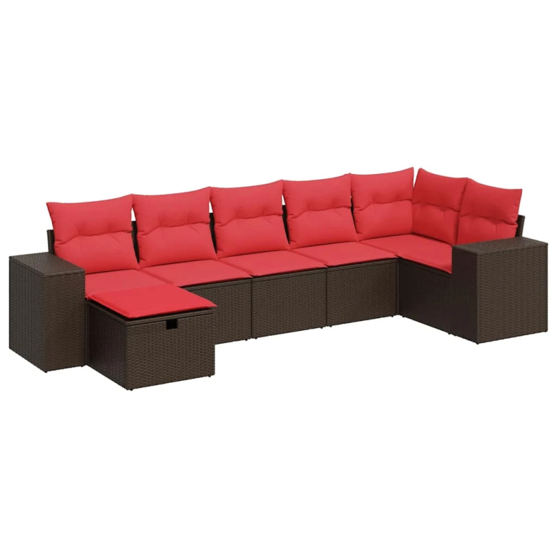 vidaXL 7-daļīgs dārza dīvānu komplekts, matrači, brūna PE rotangpalma