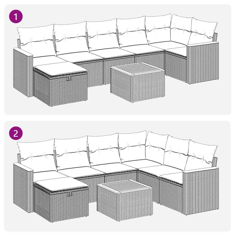 vidaXL 8-daļīgs dārza dīvāna komplekts ar matračiem, pelēks PE pinums