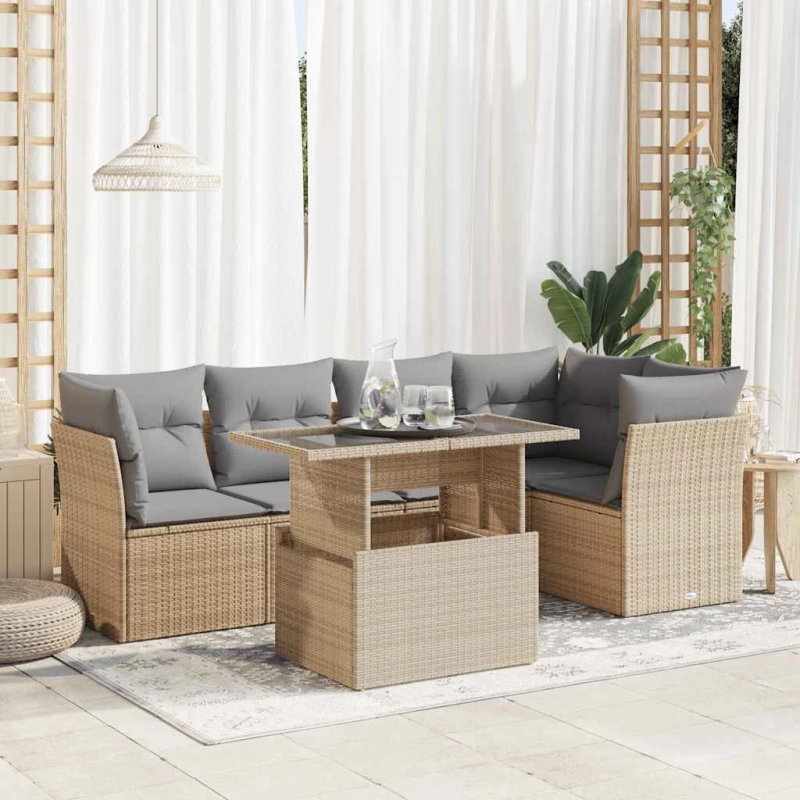 vidaXL 6-daļīgs dārza dīvāna komplekts, matrači, bēša PE rotangpalma