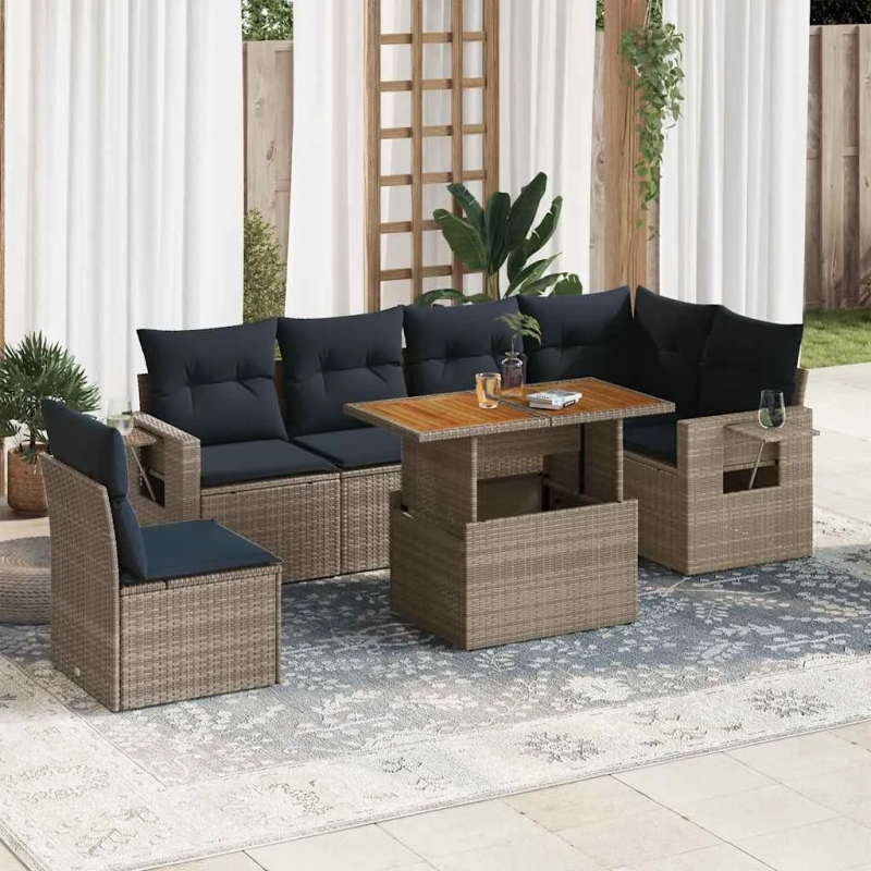 vidaXL 7-daļīgs dārza dīvāna komplekts, matrači, pelēka PE rotangpalma