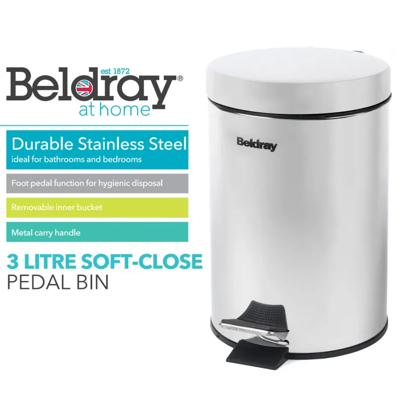 Beldray LA038098SSPFEU7 Soft-Close Pedal Bin 3 Litre, Stainless Steel