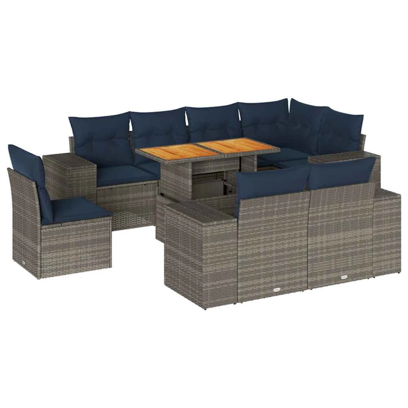 vidaXL 9-daļīgs dārza dīvāna komplekts ar matračiem, pelēks PE pinums