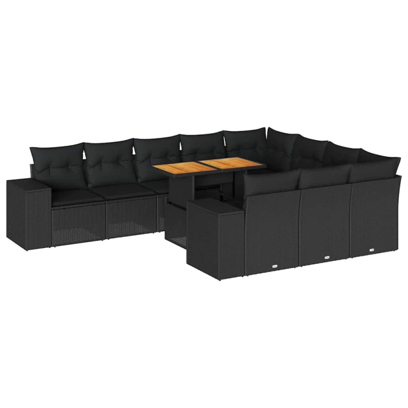 vidaXL 10-daļīgs dārza dīvāna komplekts, matrači, melna PE rotangpalma