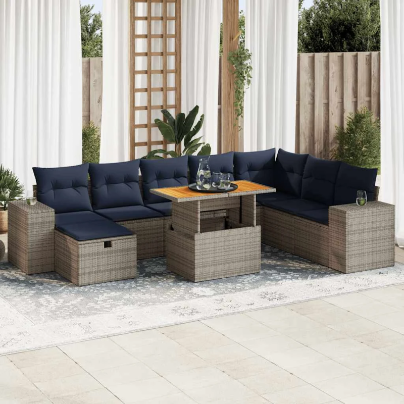 vidaXL 9-daļīgs dārza dīvāna komplekts ar matračiem, pelēks PE pinums