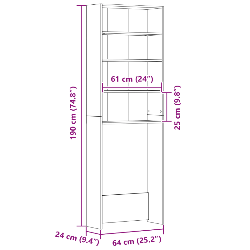 vidaXL Veļas mašīnas skapis Melns ozolkoks 64 x 24 x 190 cm