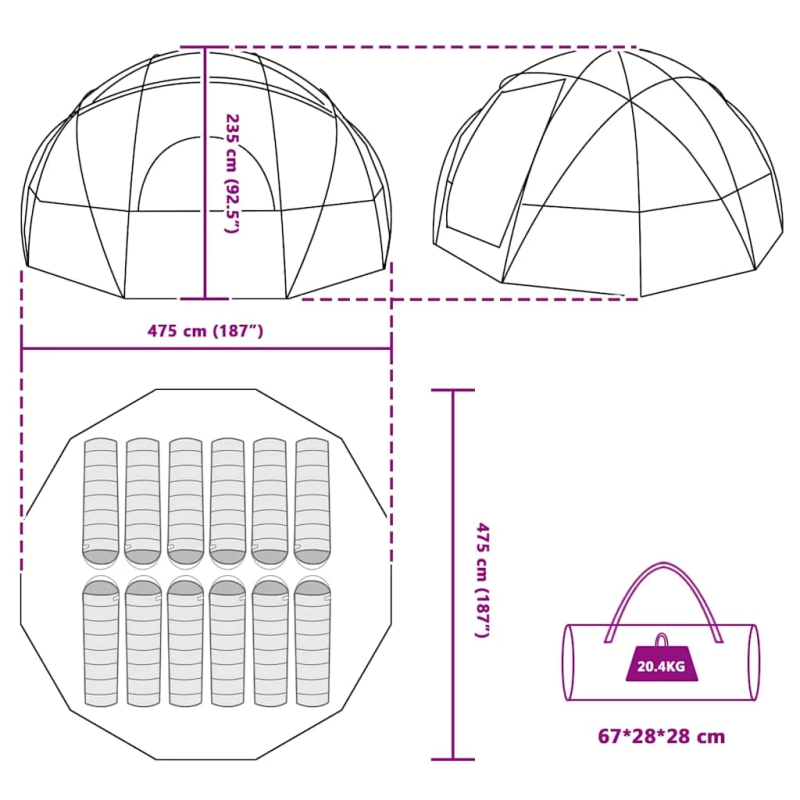 vidaXL Kempinga telts ar jumtu Zila 475 x 475 x 235 cm Poliesters