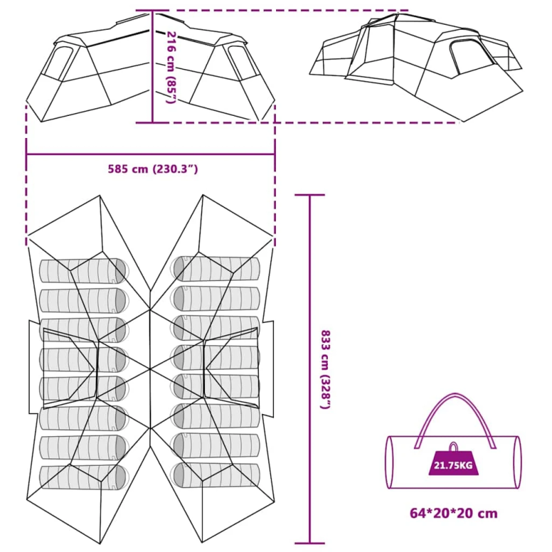 vidaXL Ģimenes telts ar jumtu Zaļa 833 x 585 x 216 cm tafta