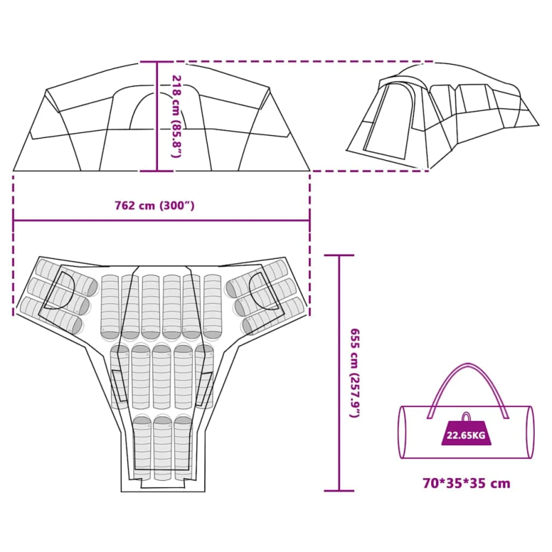 vidaXL Ģimenes telts ar jumtu Zila 762 x 655 x 218 cm tafta