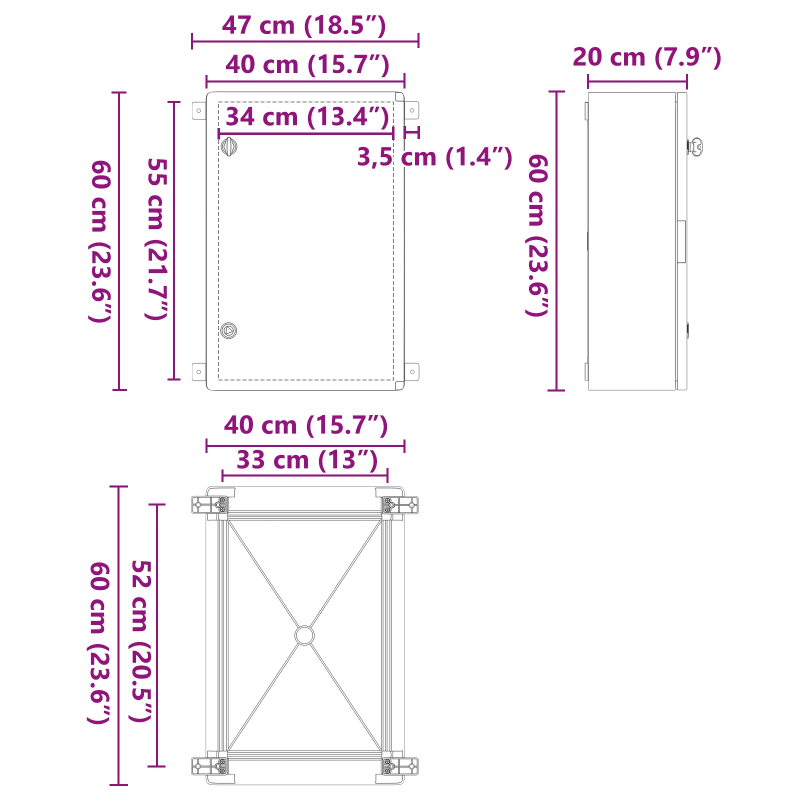 vidaXL Kontroles skapis Pelēka 47 x 20 x 60 cm ABS plastmasa
