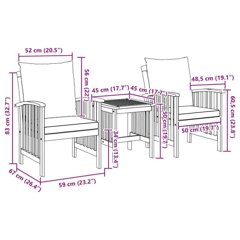 vidaXL Dārza dīvānu komplekts 3 pcs Eļļa dabīgā Cietā akācijas koks