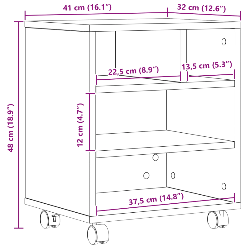 vidaXL Printera statīvs ar uzglabāšanu Melns ozolkoks 41 x 32 x 48 cm