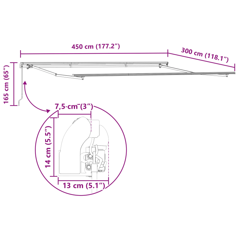 vidaXL Izvelkams jumtiņš Melna 450 × 300 cm Poliesters un alumīnijs