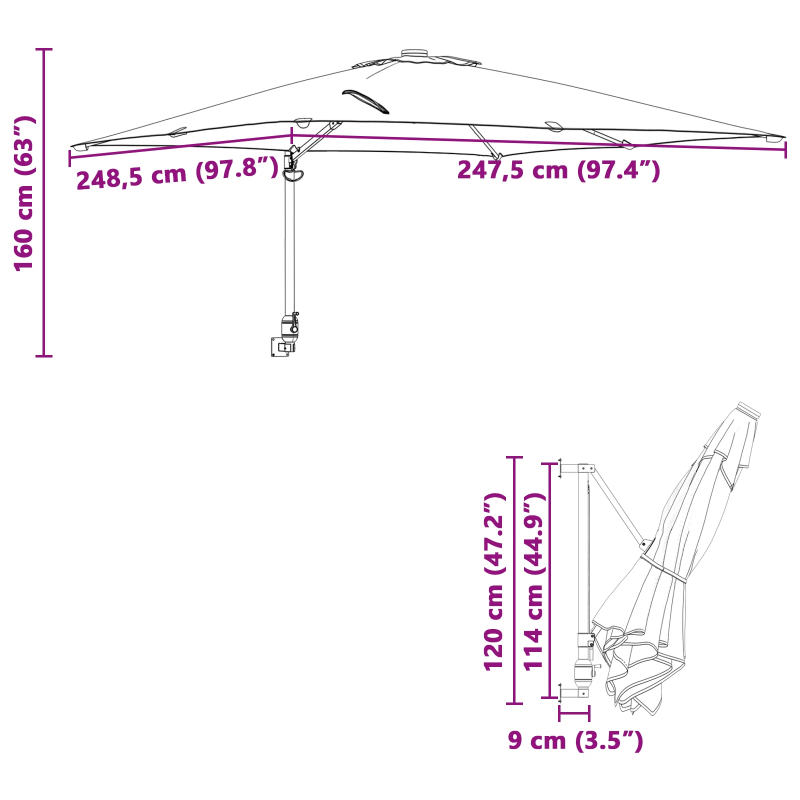 vidaXL Dārza parasols Sarkanbrūns 248,5 x 247,5 x 160 cm