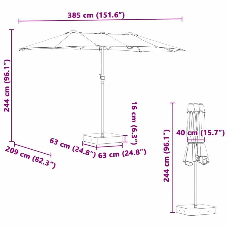 vidaXL Dārza parasols Bordo sarkans 385 x 209 x 244 cm