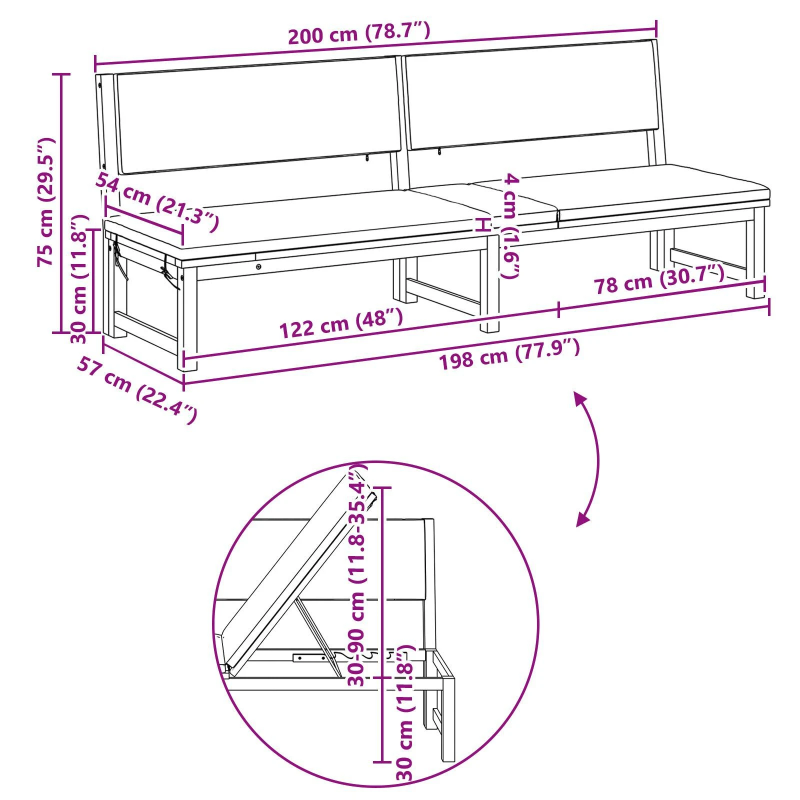 vidaXL Sauļošanās krēsls Brūna 200 x 57 x 75cm Akācijas masīvkoks