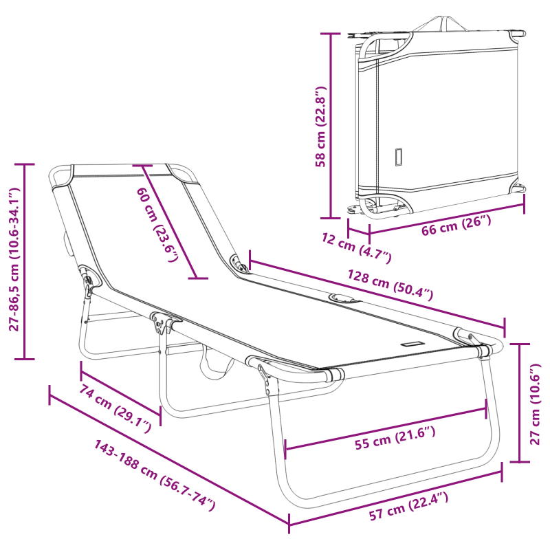 vidaXL Saliekamais sauļošanās krēsls Pelēka 188 x 57 x 86,5 cm