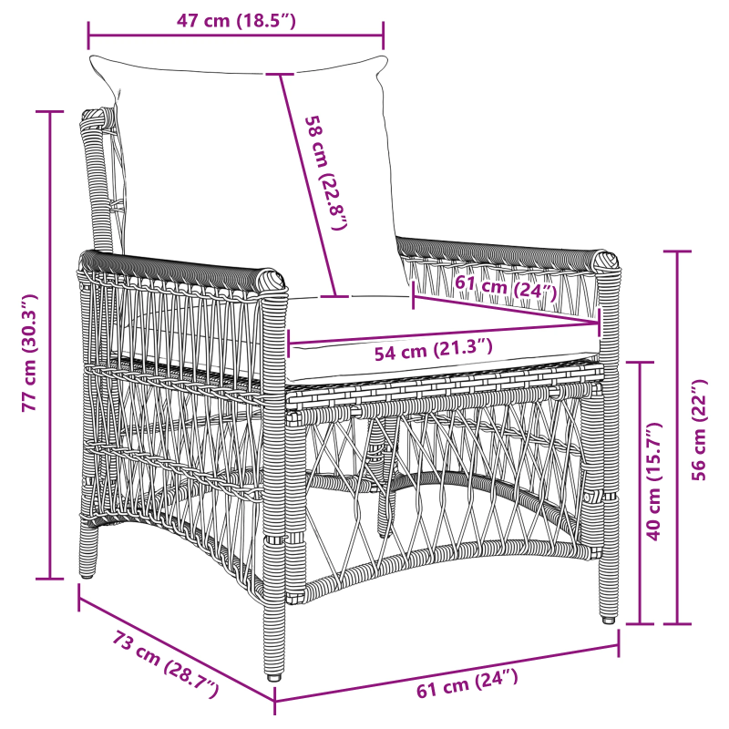 vidaXL Dārza krēsls ar spilvenu Melna 73 x 61 x 77 cm poliratāns