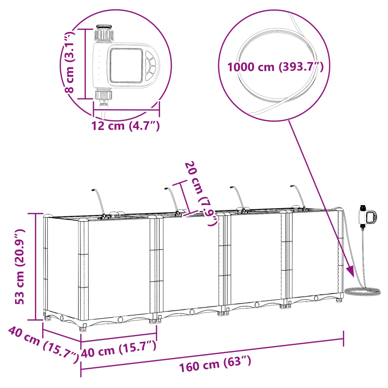 vidaXL Dārza stādītājs 4 pcs Melna 160 x 40 x 53 cm Tērauds