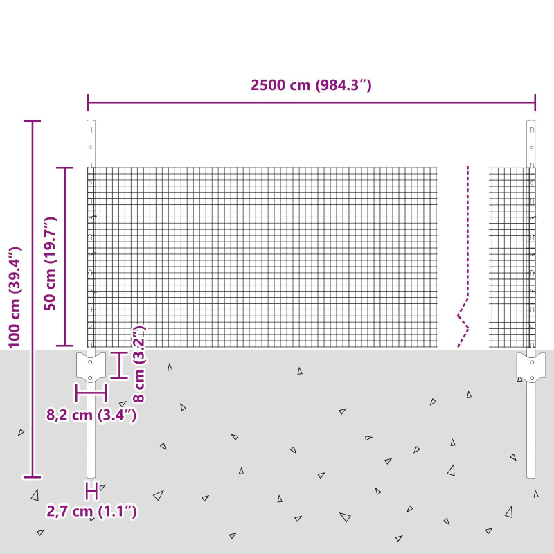 vidaXL Žogs ar stabu Sudraba 0,5 x 25 m Tērauds