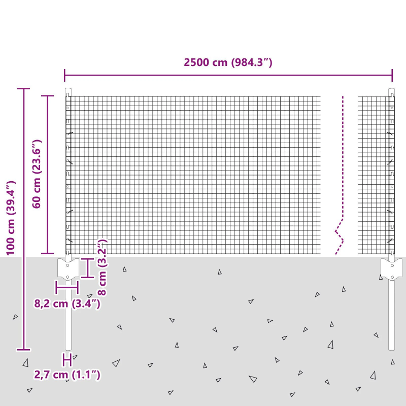 vidaXL Žogs ar stabu Sudraba 0,6 x 25 m Tērauds