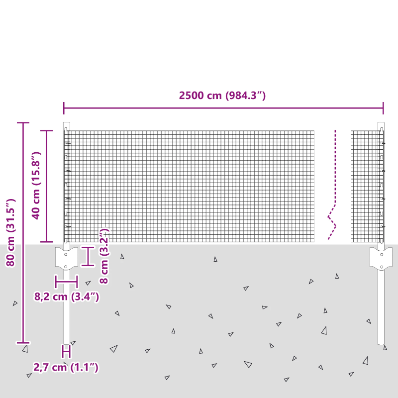 vidaXL Žogs ar stabu Pelēka 0,4 x 25 m Tērauds un PVC