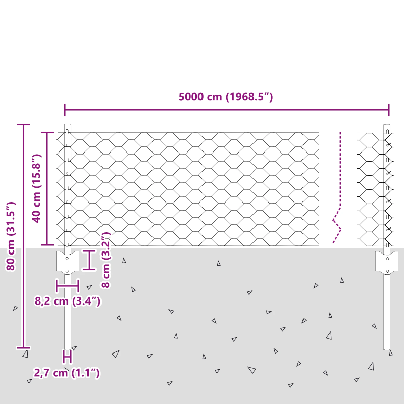 vidaXL Žogs ar stabu Pelēka 0,4 x 50 m Tērauds un PVC