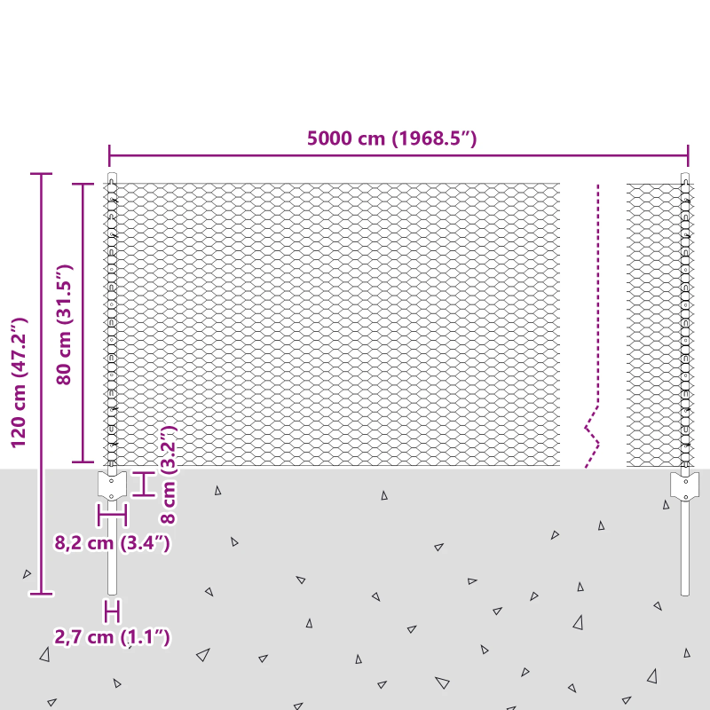 vidaXL Žogs ar stabu Pelēka 0,8 x 50 m Tērauds un PVC