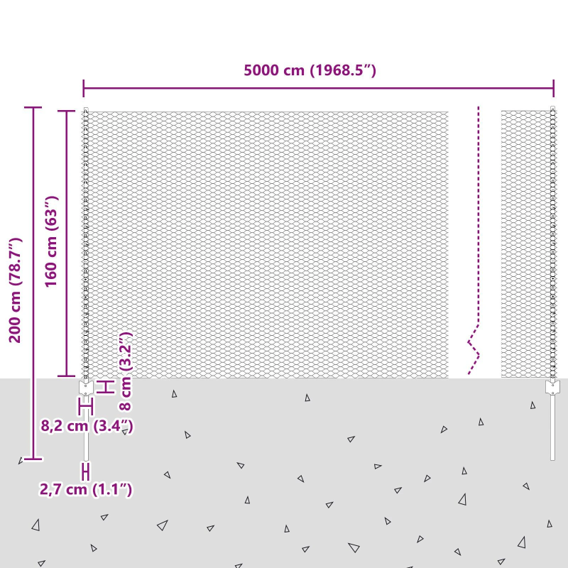 vidaXL Žogs ar stabu Pelēka 1,6 x 50 m Tērauds un PVC