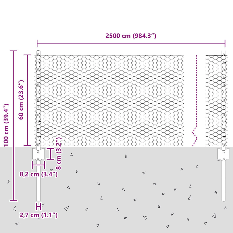vidaXL Žogs ar stabu Sudraba 0,6 x 25 m Tērauds