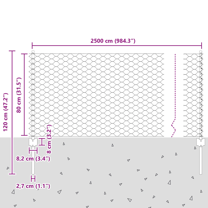 vidaXL Žogs ar stabu Sudraba 0,8 x 25 m Tērauds