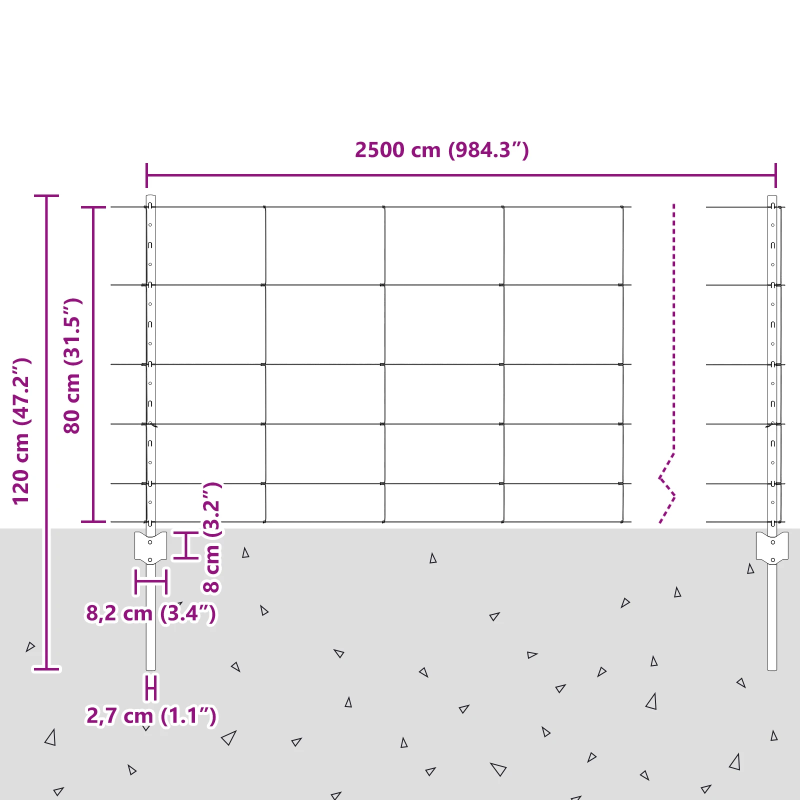 vidaXL Žogs ar stabu Sudraba 0,8 x 25 m Tērauds