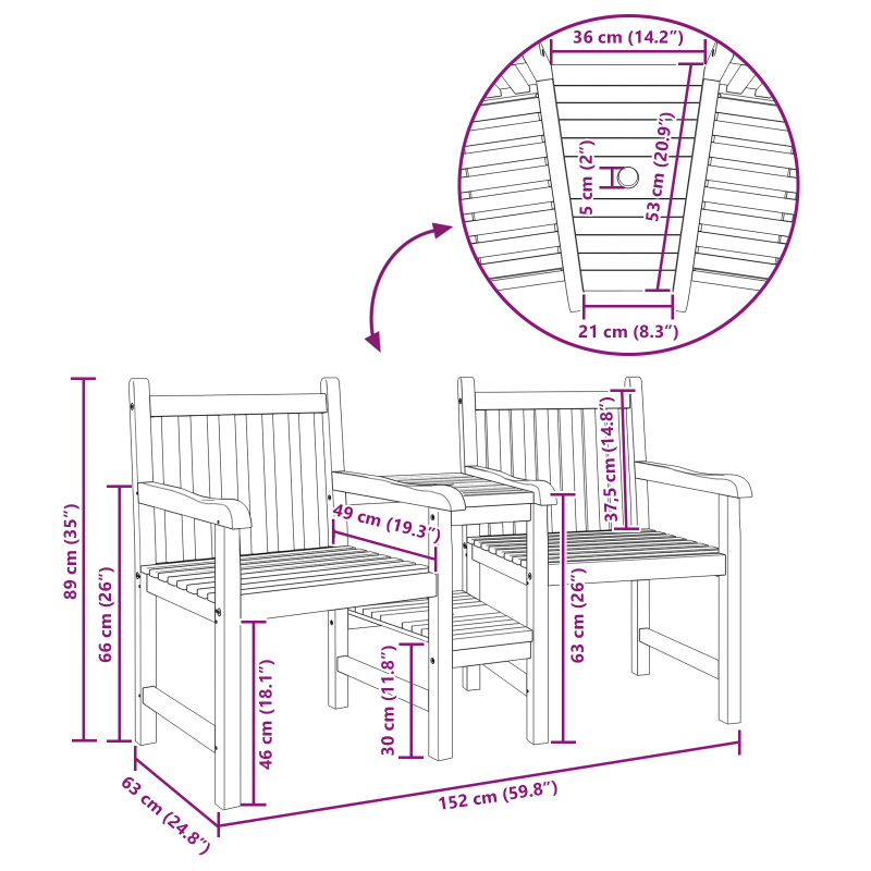 vidaXL Krēsls Brūna 152 x 63 x 89 cm Ciets tekša koks