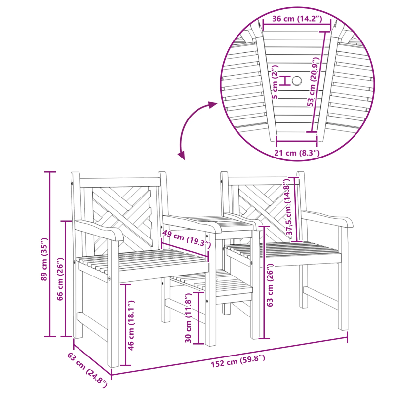 vidaXL Krēsls Brūna 152 x 63 x 89 cm Ciets tekša koks