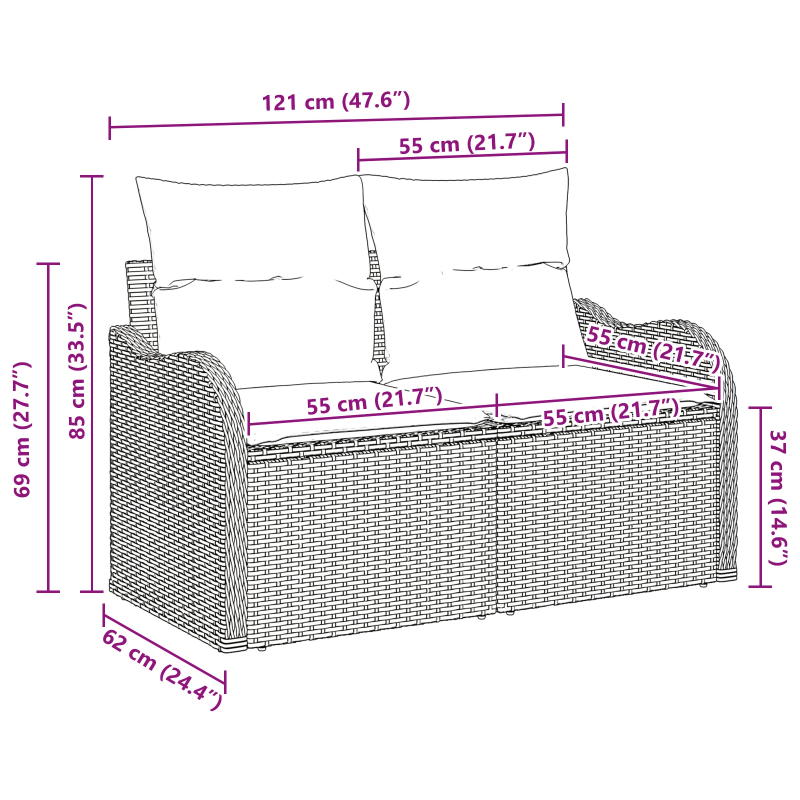 vidaXL Dārza dīvāns Melna 121 x 62 x 69cm poliratāns