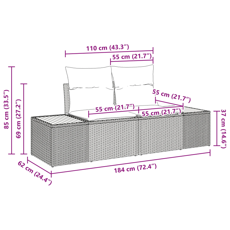vidaXL Dārza dīvāns Melna 184 x 62 x 85cm poliratāns