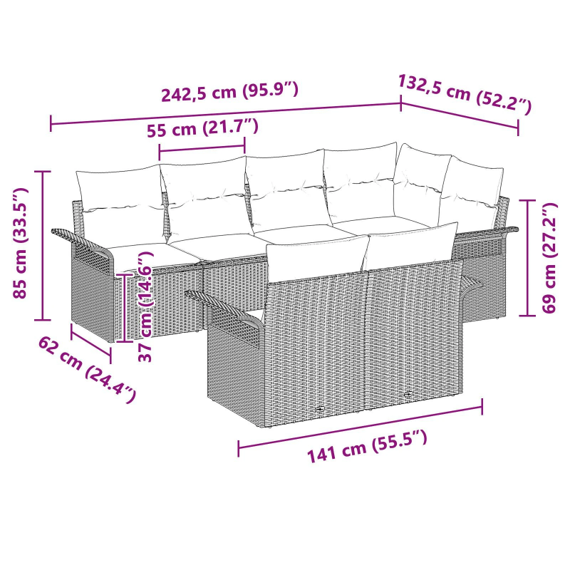 vidaXL Dārza dīvānu komplekts ar spilvenu 7 pcs Pelēka poliratāns