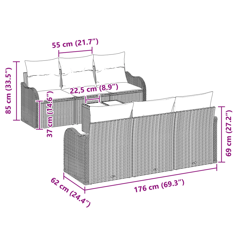 vidaXL Dārza dīvānu komplekts Melna 55 x 55 x 37 cm poliratāns