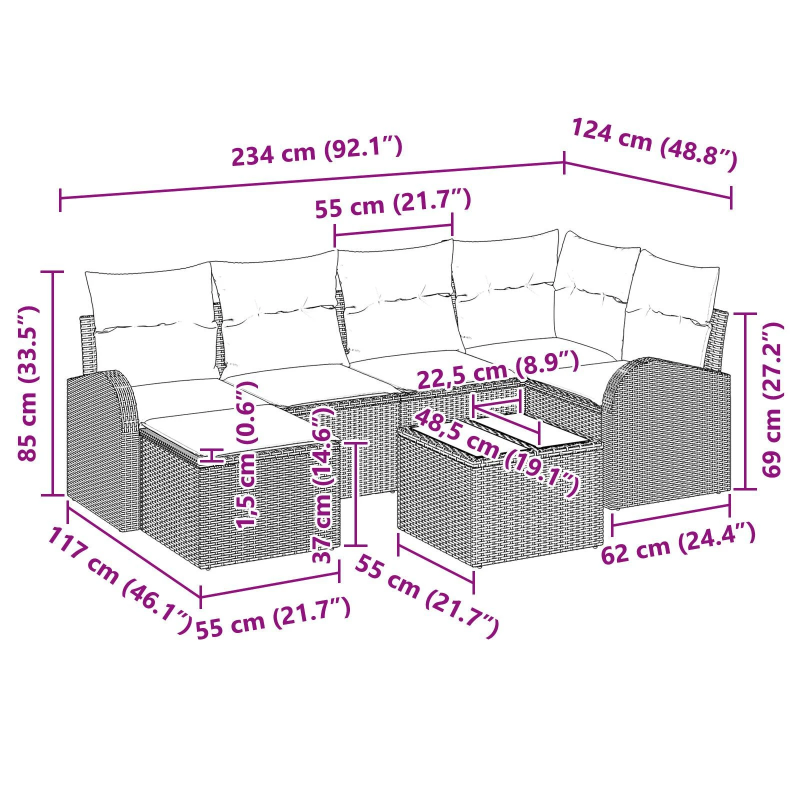 vidaXL Dārza dīvānu komplekts 7 pcs Melna poliratāns