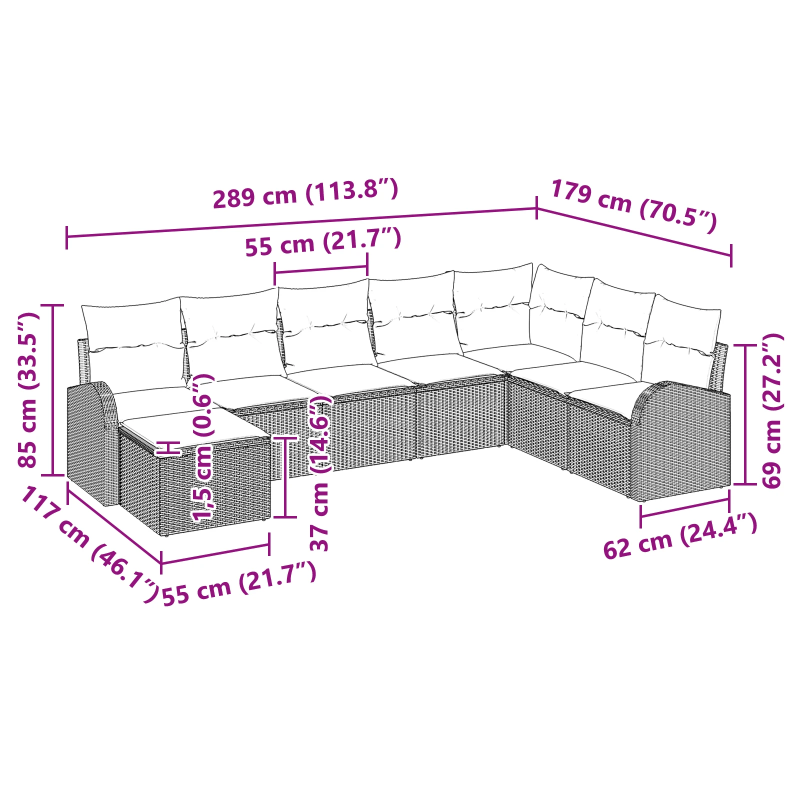 vidaXL Dārza dīvānu komplekts ar spilvenu 8 pcs Melna Polirāts