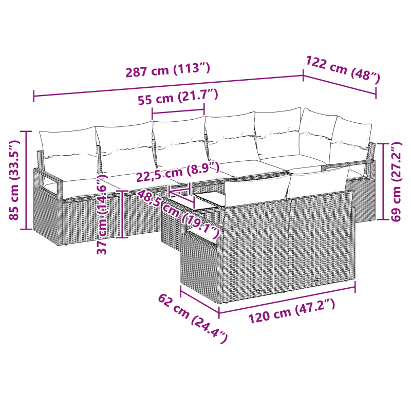vidaXL Dīvānu komplekts ar spilvenu 9 pcs Bēša poliratāns