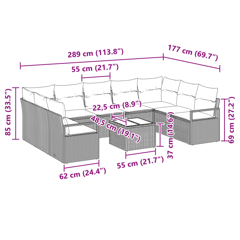 vidaXL Dīvānu komplekts ar spilvenu 10 pcs Melna poliratāns