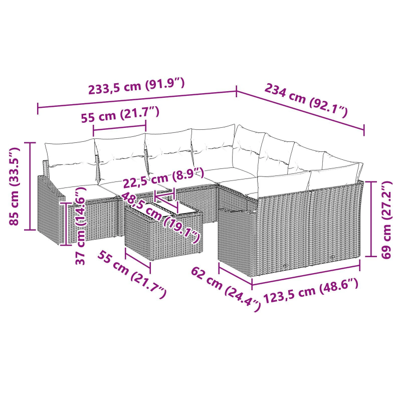 vidaXL Dīvānu komplekts ar spilvenu 9 pcs Gaiši pelēks poliratāns