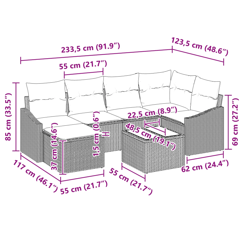 vidaXL Dārza dīvānu komplekts 7 pcs Melna Poliūtu rotangpalma