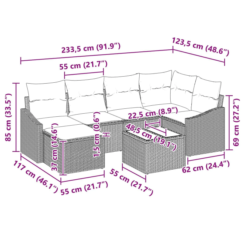 vidaXL Dārza dīvānu komplekts 7 pcs Pelēka Poliūtu rotangpalma