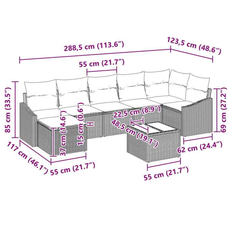 vidaXL Dīvānu komplekts ar spilvenu 8 pcs Pelēka poliratāns