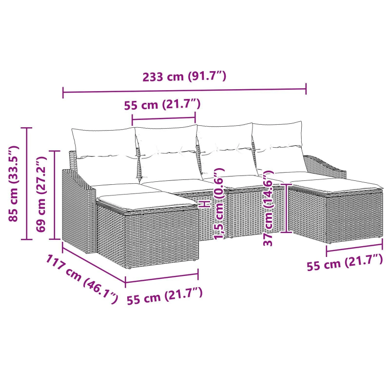 vidaXL Dīvānu komplekts ar spilvenu 6 pcs Melna poliratāns