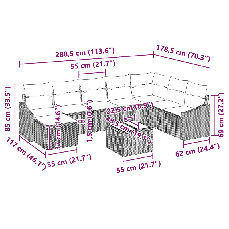 vidaXL Dīvānu komplekts ar spilvenu 9 pcs Gaiši pelēka poliratāns