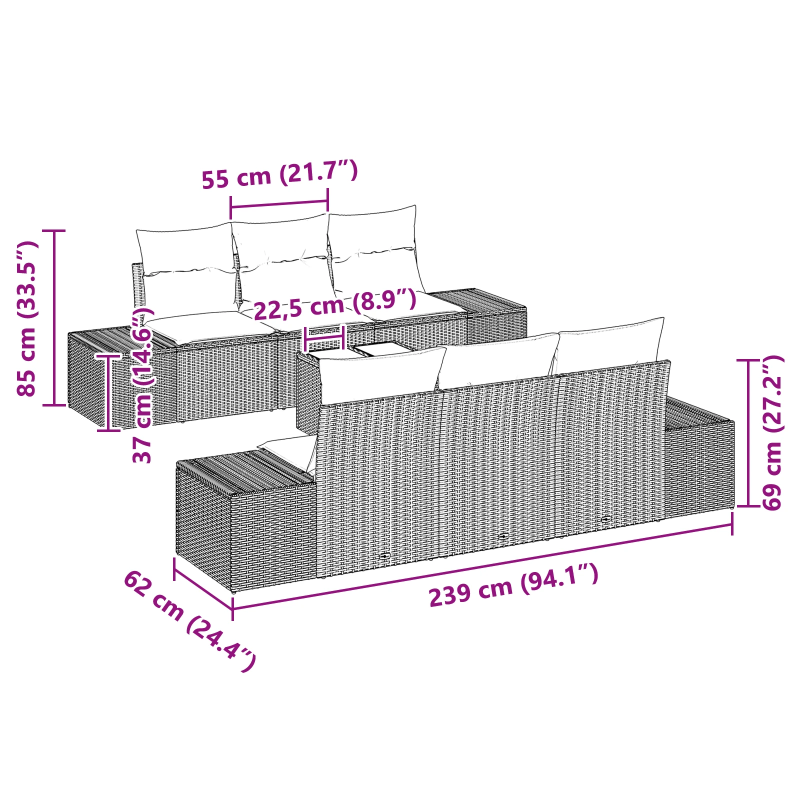vidaXL Dārza dīvānu komplekts ar spilvenu 7 pcs Brūna poliratāns