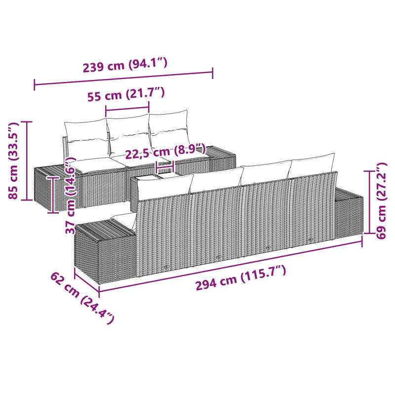 vidaXL Dārza dīvānu komplekts 8 pcs Brūna Poliūtu rotangpalma